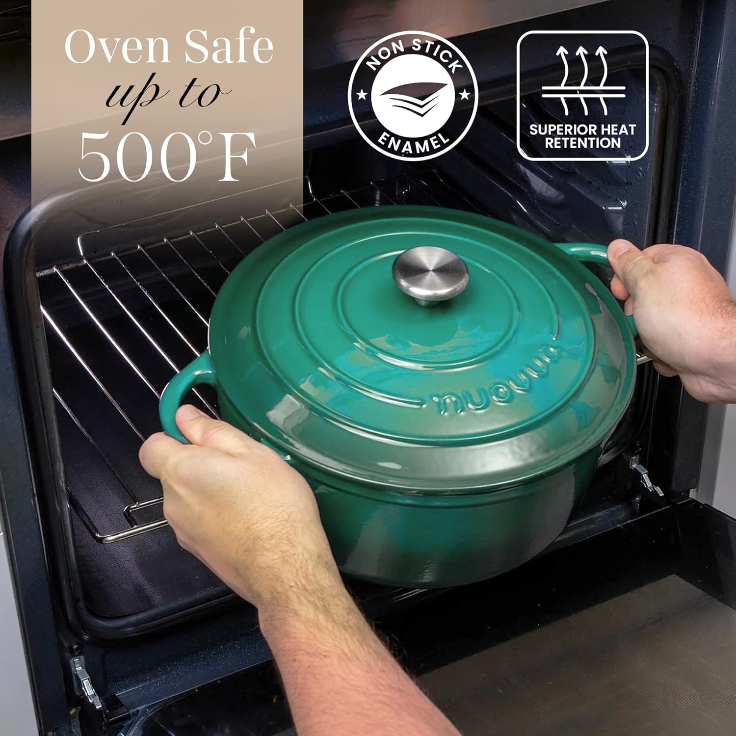 Nuovva Enamelled Cast Iron Dutch Oven Pot with Lid – 6.4 Quart Non Stick Casserole Pot – Heavy Duty & Oven Safe up to 500° F for Bread Baking, Braising, Stews, Roasting – 28cm Dark Green
