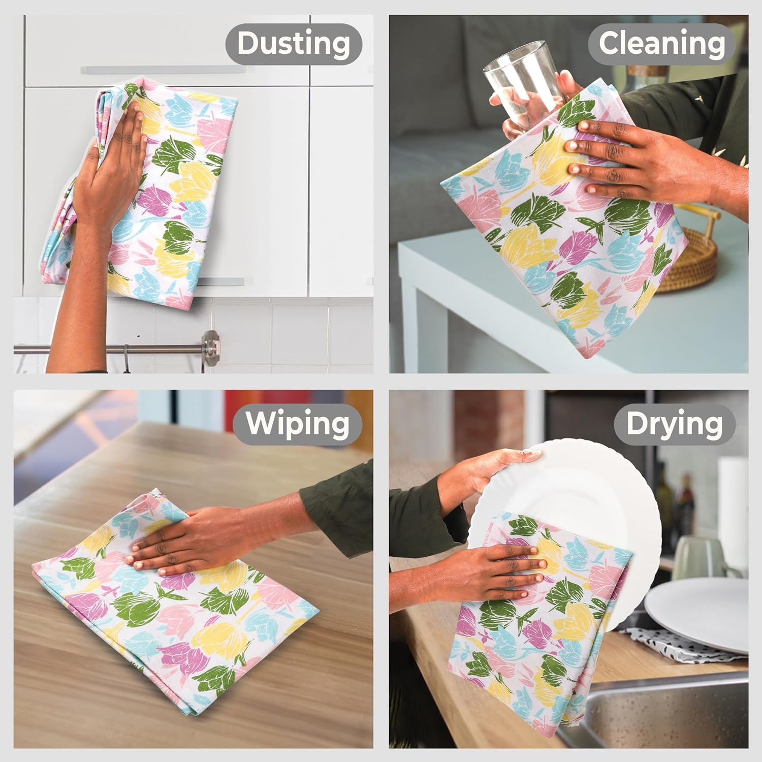 Urban Villa Collection Kitchen Towels Tulip Flowers Multi Color Premium Quality,100% Cotton Dish Towels, Mitered Corners,(Size: 20X30 Inch), Highly Absorbent Bar &Tea Towels - (Set of 6)