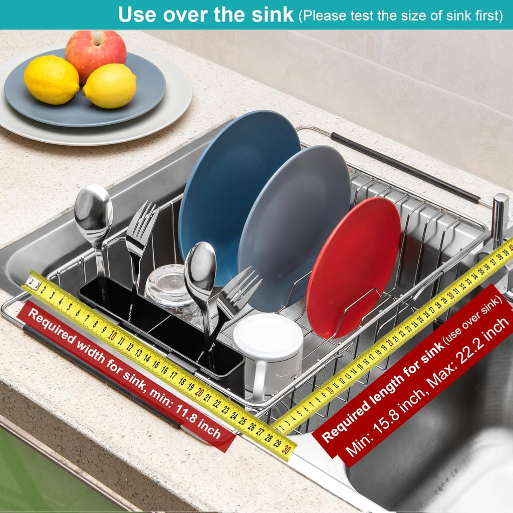 iPEGTOP Expandable Multifunctional Dish Drying Rack, Over The Sink, in Sink Or On Counter Dish Drainer Basket Shelf with Black Utensil Silverware Holder, Rustproof Stainless Organizer