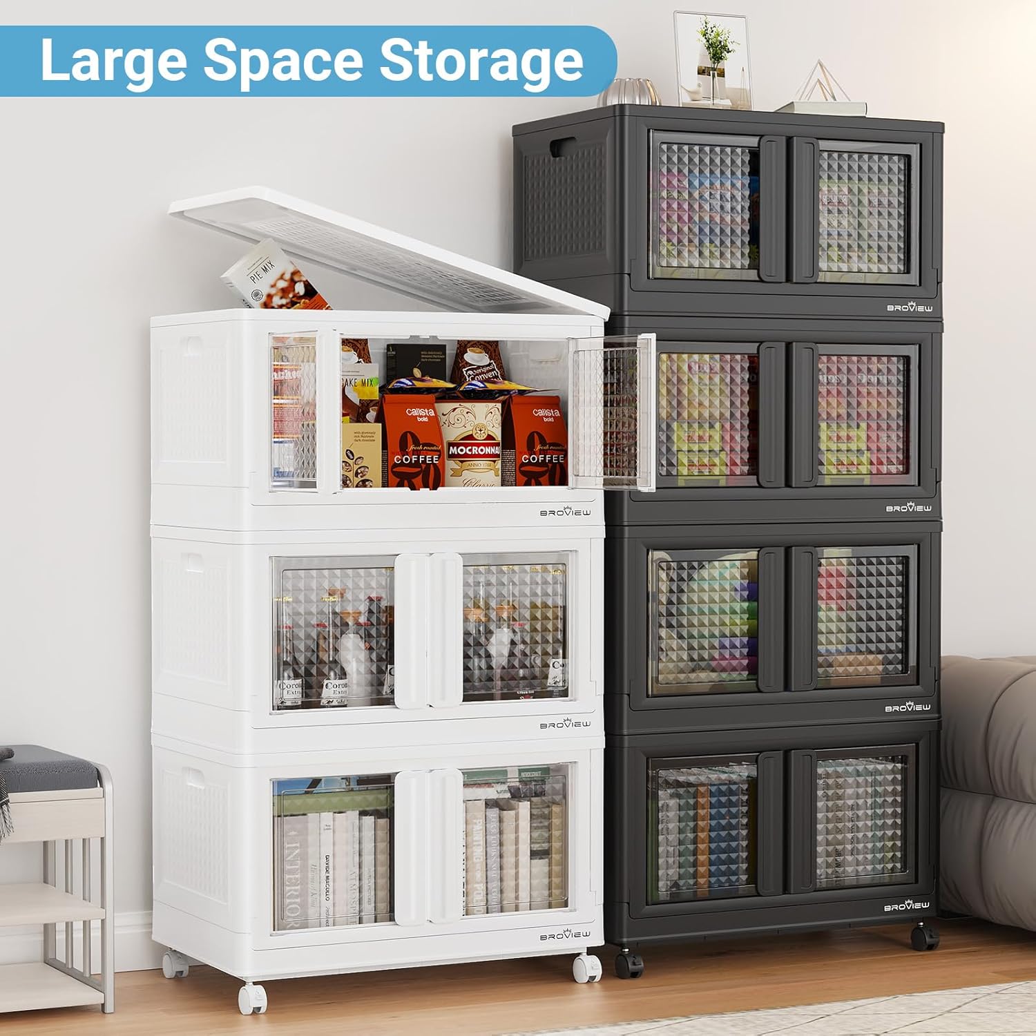 600Qt Stackable Storage Bins with Lids, 150Gal Closet Organizers and Storage Drawer, Plastic Collapsible Storage Bins with Doors, Heavy Duty Store Box Cabinet for Home Office, 6 Pack Black