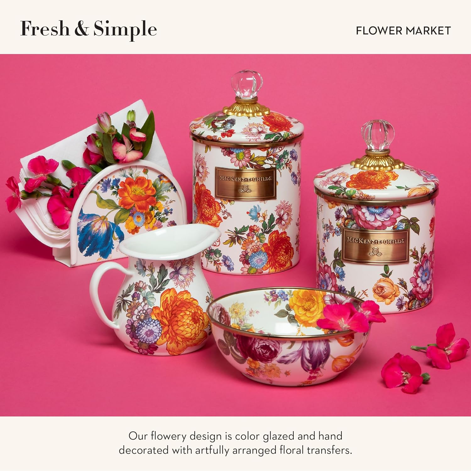 MACKENZIE-CHILDS Enamel Creamer and Sugar-Bowl Set, Cream Dispenser and Sugar Holder, Unique Kitchen Decor, White Flower Market