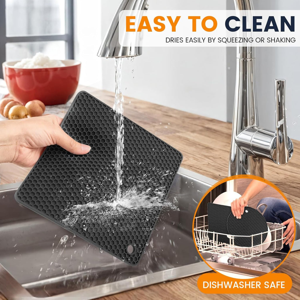 Silicone Trivet Mats 4 Heat Resistant Pot Holders Multipurpose Non-Slip Hot Pads for Kitchen Potholders, Drying mat, Jar Opener, Spoon Holder, Coaster(Black)
