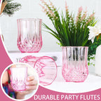 12 PCS Pink Stemless Wine Glasses，Colored Plastic Reusable Cups 9OZ Vintage Drinking Glasses Tumblers for Whisky, Beer, Juice, Beverages, Cocktai