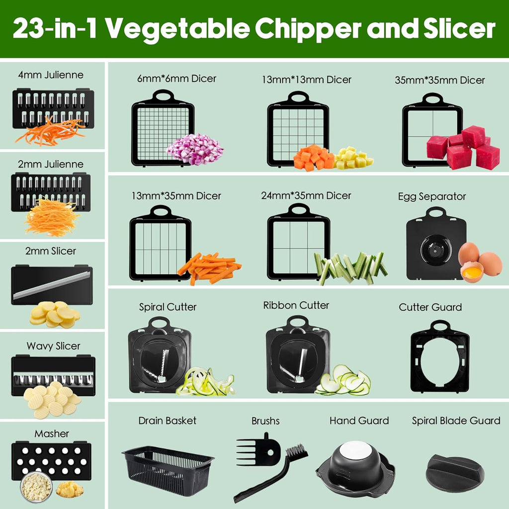 Vegetable Chopper, 10 Blades Slicer Onion Dicer, Multi 23-in-1 Veggie Mandoline Food Cutter for Tomato Fruit, Vegetable cutter with Hand Protector, Egg Separator & Slicer, Container（White）