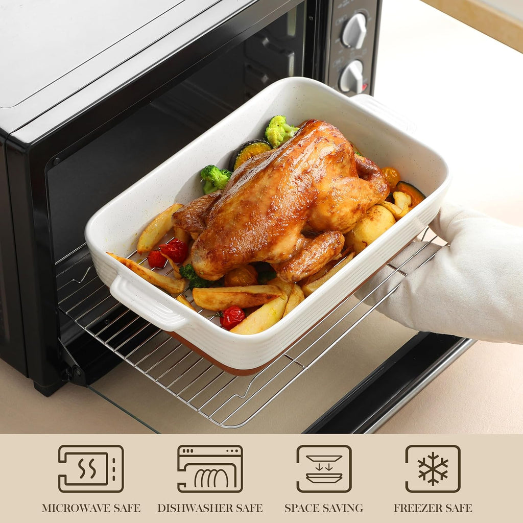 MALACASA Baking Dish with Rack, 4.8 Qt Ceramic Roasting Pan with Stainless Steel Drip Rack, 9x13 Inch Deep Casserole Dish with Handles, Oven Safe Lasagna Pan for Baking & Serving (Khaki & White) - Series Tara