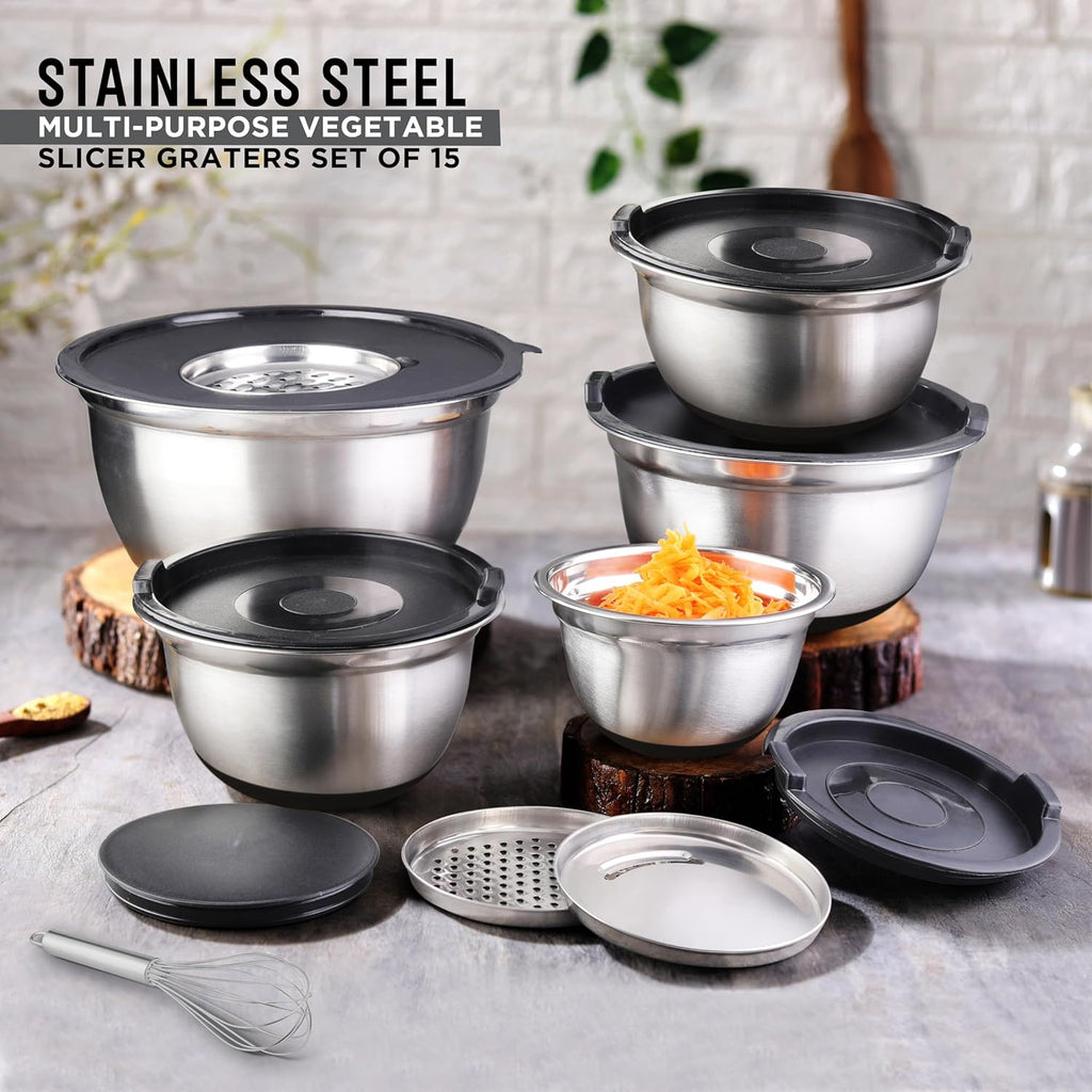 AVADOR Premium Stainless Steel Mixing Bowls Sets Brushed Stainless Steel Mixing Bowl Set, Easy To Clean, Space Saving, Great for Cooking, Baking, Prepping Needs (9 pc Anti Slip with Lid and Graters)