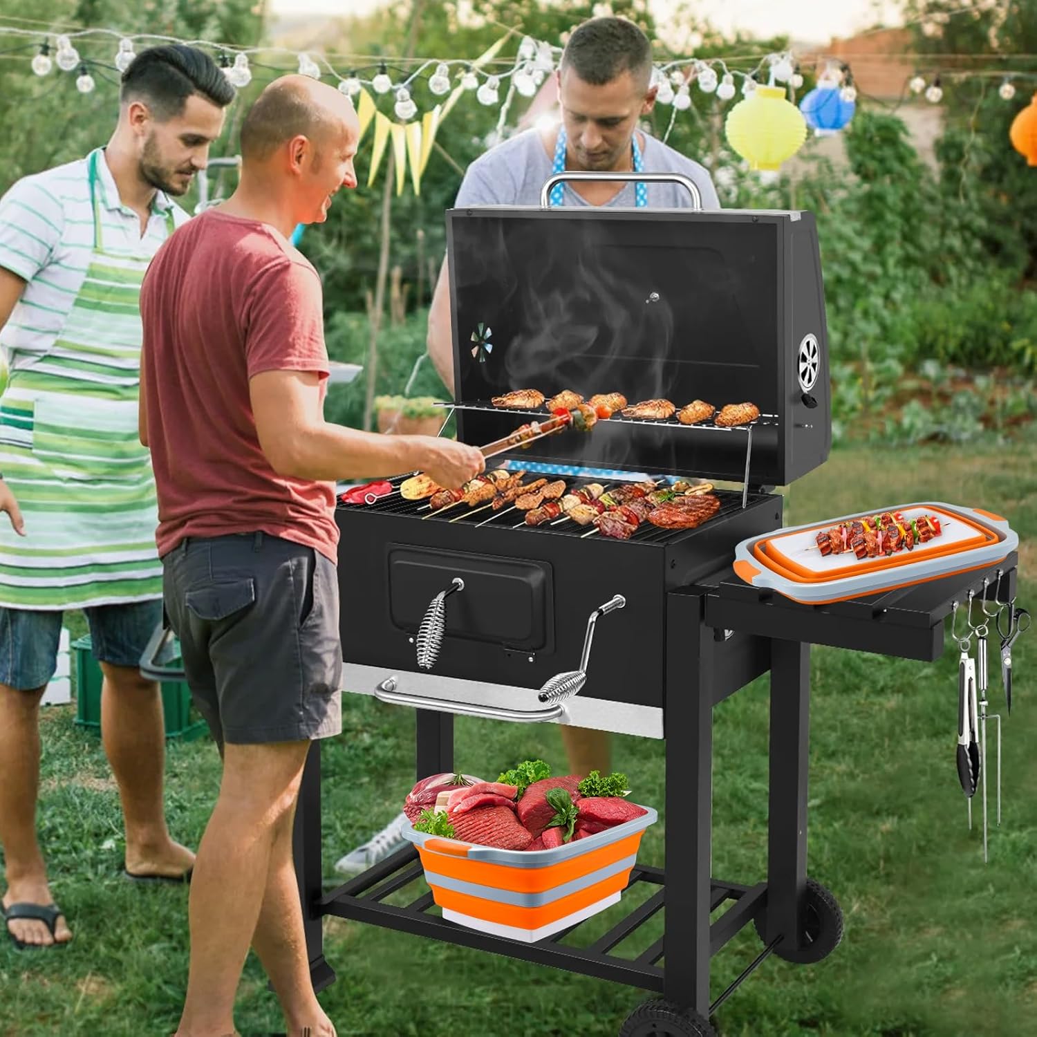 Collapsible BBQ Prep Tub with Cutting Board & Lid – 7.95 Gal / 30L Space-Saving Food Container – BPA-Free Heavy-Duty Plastic, Dishwasher Safe with Drain Hole – Offset Smoker, Backyard & Grilling