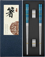 Metal Chopsticks Reusable 2 Pairs Titanium Plated Stainless Steel Chopsticks with Holder, Dishwasher Safe Non-Slip Japanese Style Chop Sticks Present Set (Blue Silver)