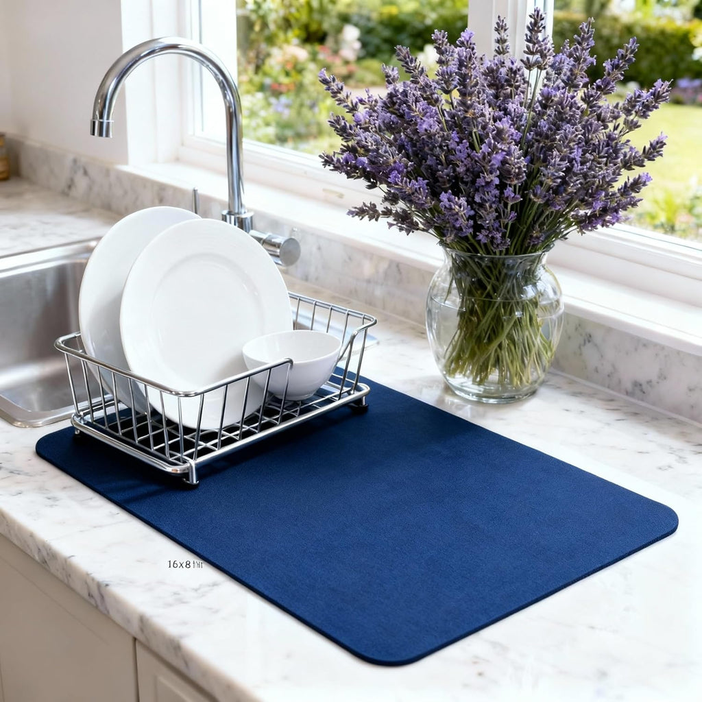 Dish Drying Mat Super Absorbent – 16" x 18" Coffee Mat for Countertops – Non-Slip Drying Mat for Kitchen Counter – Easy to Clean Water Absorbent Mat – Large Dish Drying Mats (Navy Blue)