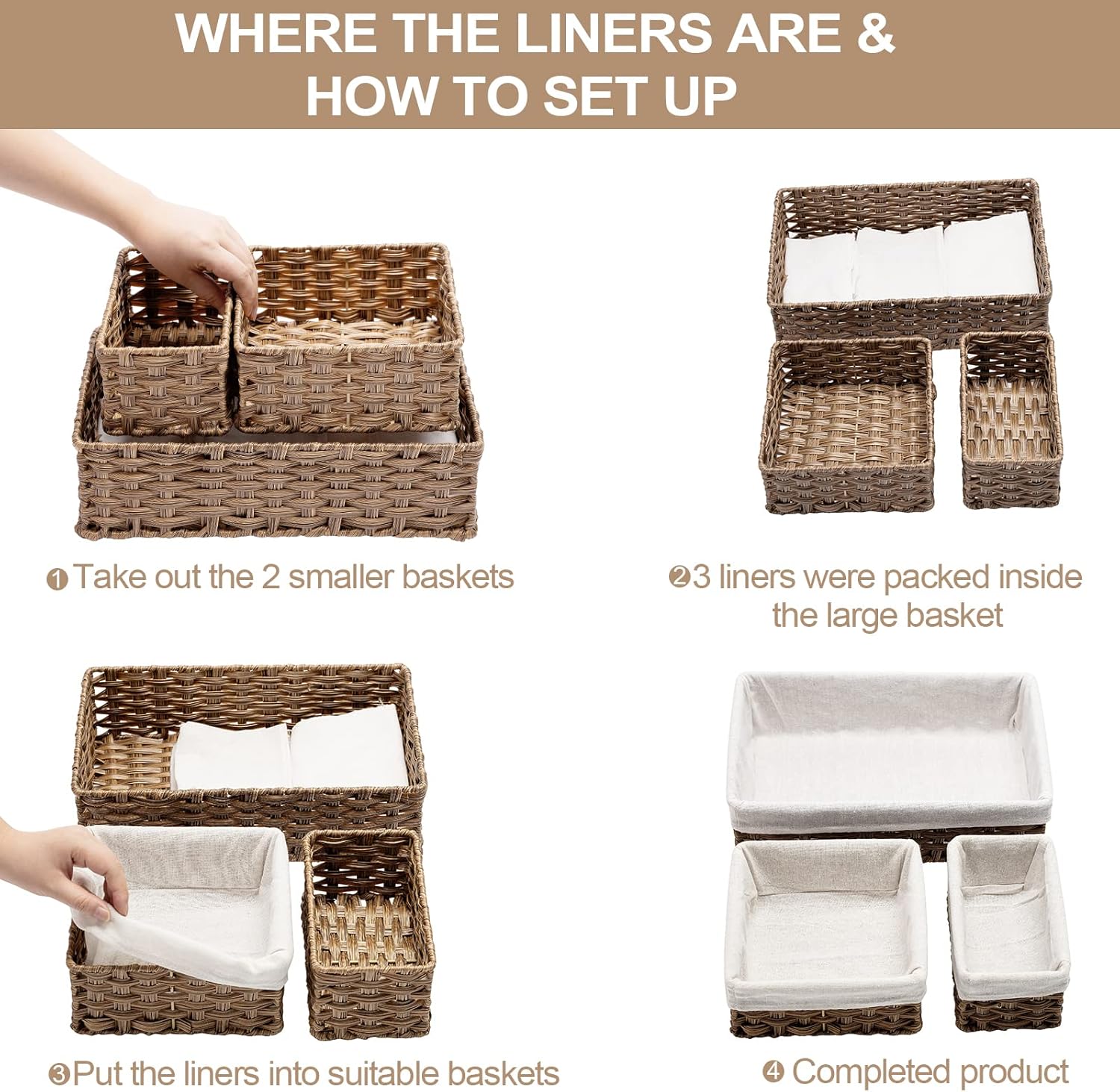 FairyHaus Wicker Baskets for Organizing, Waterproof Rectangle Small Storage Basket for Shelves, Nesting Lined Set of 3, Rustic Brown