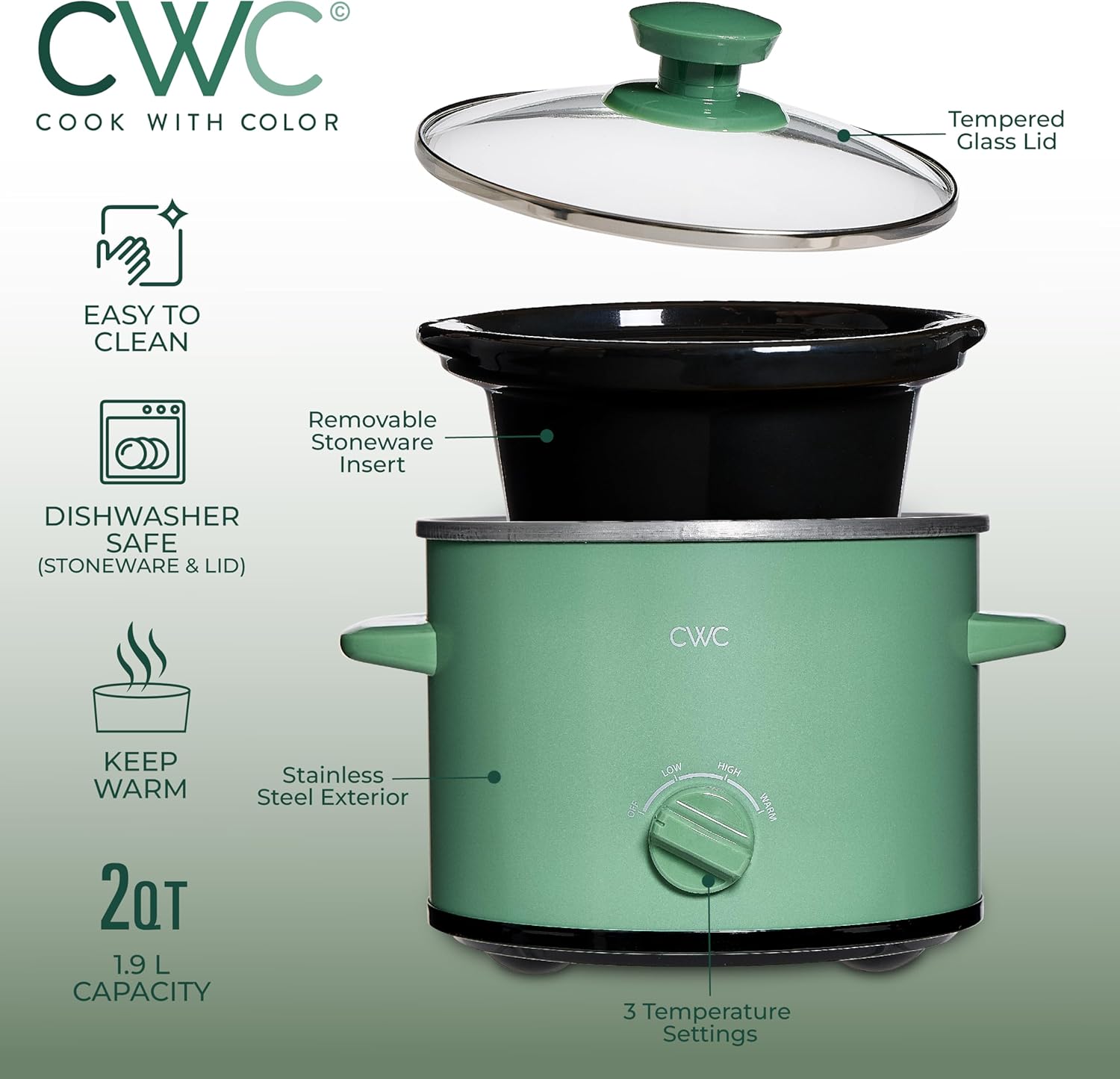 COOK WITH COLOR 2QT Mini Electric Round Slow Cooker - Adjustable Settings, Removable Stoneware Pot, Tempered Glass Lid, Dishwasher Safe, Cool-Touch Side Handles, Dark Sage