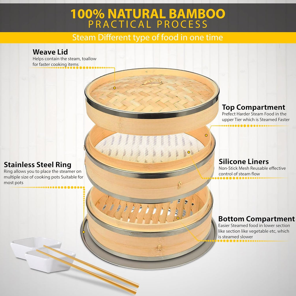Bamboo Steamer Basket Set Chinese Cuisine 10-inch 2 Tiers Vegetable Steaming Basket for Cooking with Chopsticks, Sauce Dishes, and Reusable Liners - Dumpling Steamer Baskets