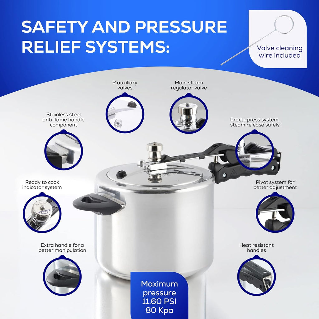 Universal (6.3 Quart / 6 Liter) Pressure Cooker, 7 Servings, Aluminum Pressure Cooker With Multiple Safety Systems and Heat Resistant Handles For Stews, Soup, Meat, and Beans