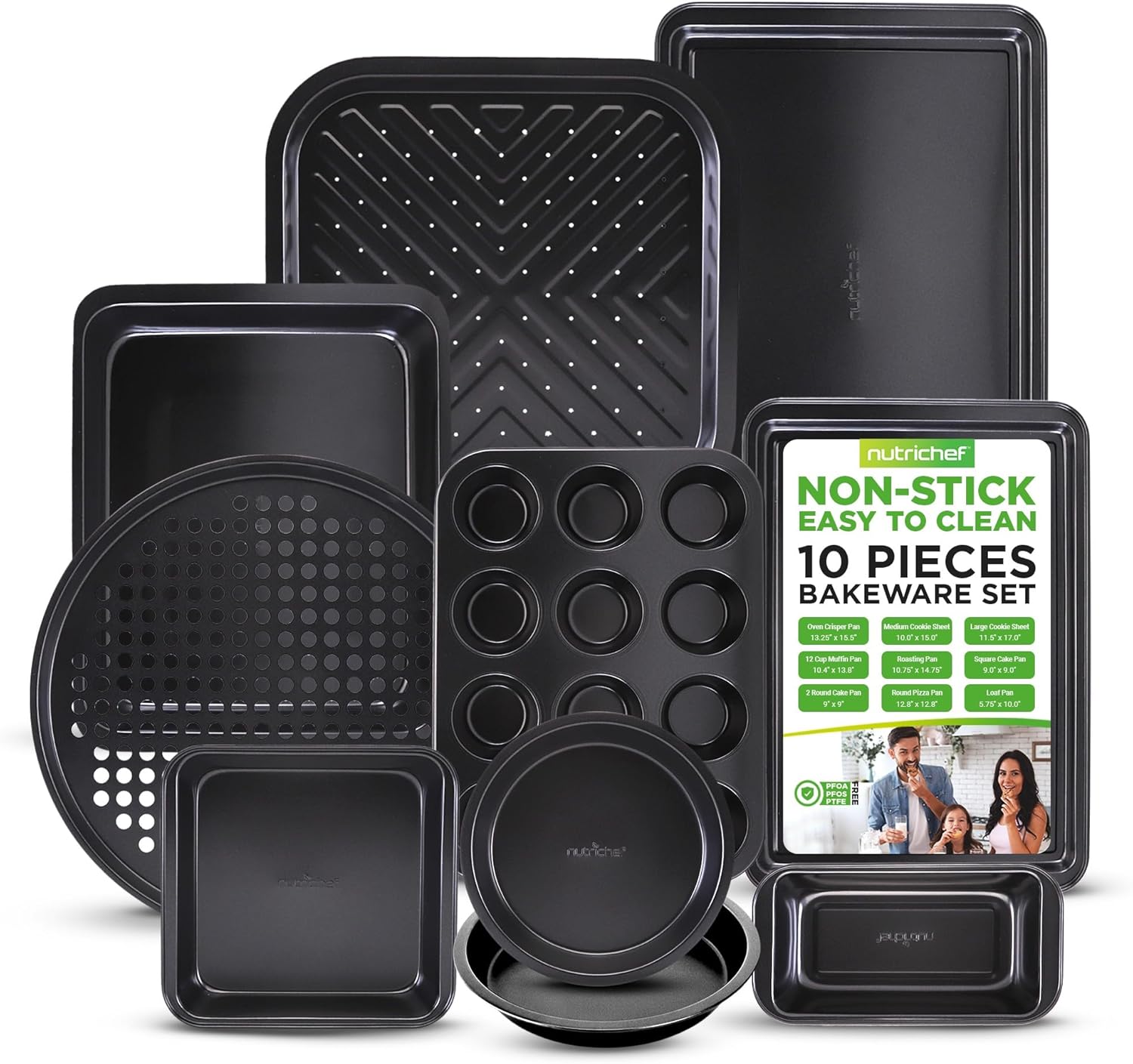 NutriChef 10-Piece Non-Stick Baking Set – Heavy-Duty Carbon Steel Bakeware Set w/ Cookie Sheets, Muffin Pan, Roasting Pan, Cake Pan, Baking Tray, Pizza Pan – Effortless Food Release & Easy Cleanup