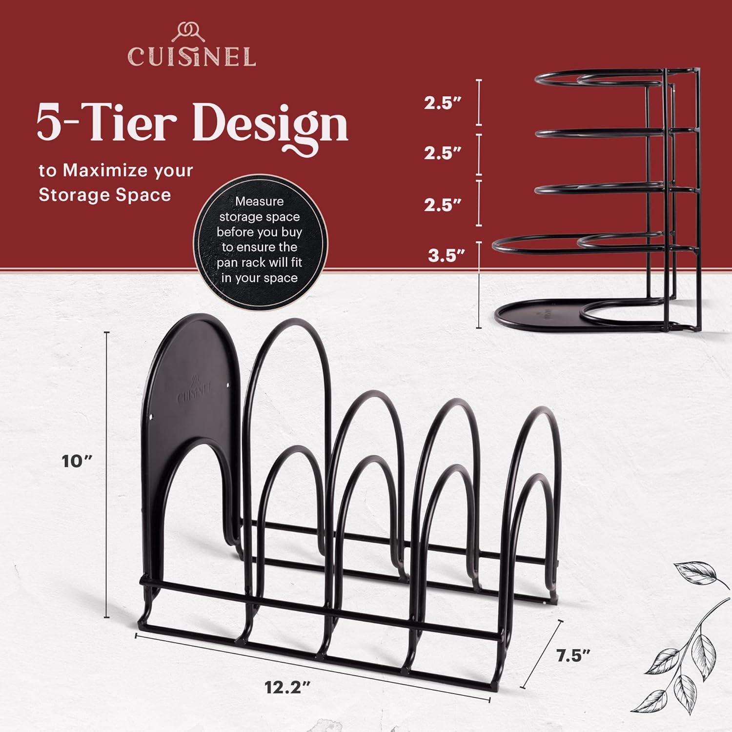 Cuisinel Pots and Pans Organizer Rack - Heavy Duty 60-LBS Capacity - 6mm Thick - Made in India - Matte-Black 12.2"-Tall 5-Tier Space-Saving Kitchen Storage for Cast Iron Cookware, Skillet, Dish, Plate