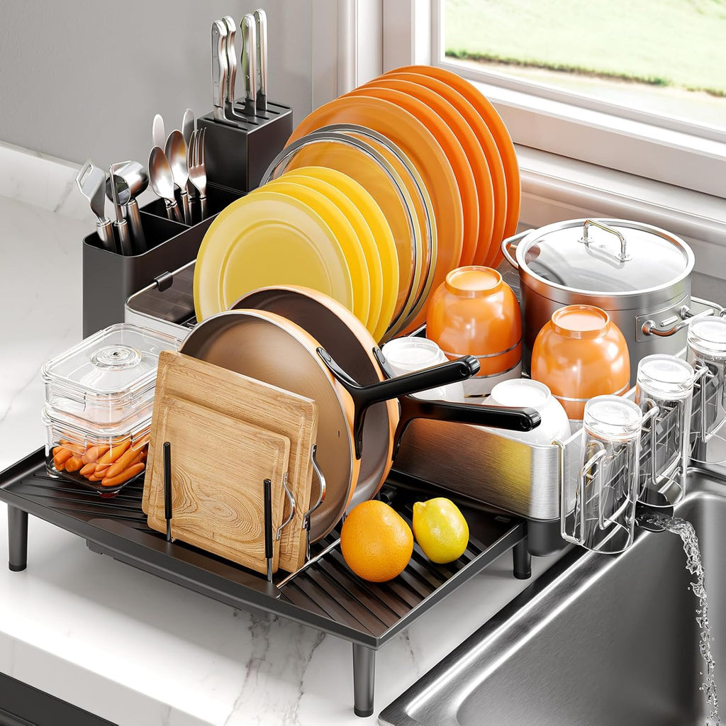 Dish Rack for Kitchen Counter, 304 Stainless Steel Dish Drying Rack, Expandable Dish Drainer, Foldable Dish Strainer with Cutlery Holder, Kitchen Plate Rack (Black, Large Size)