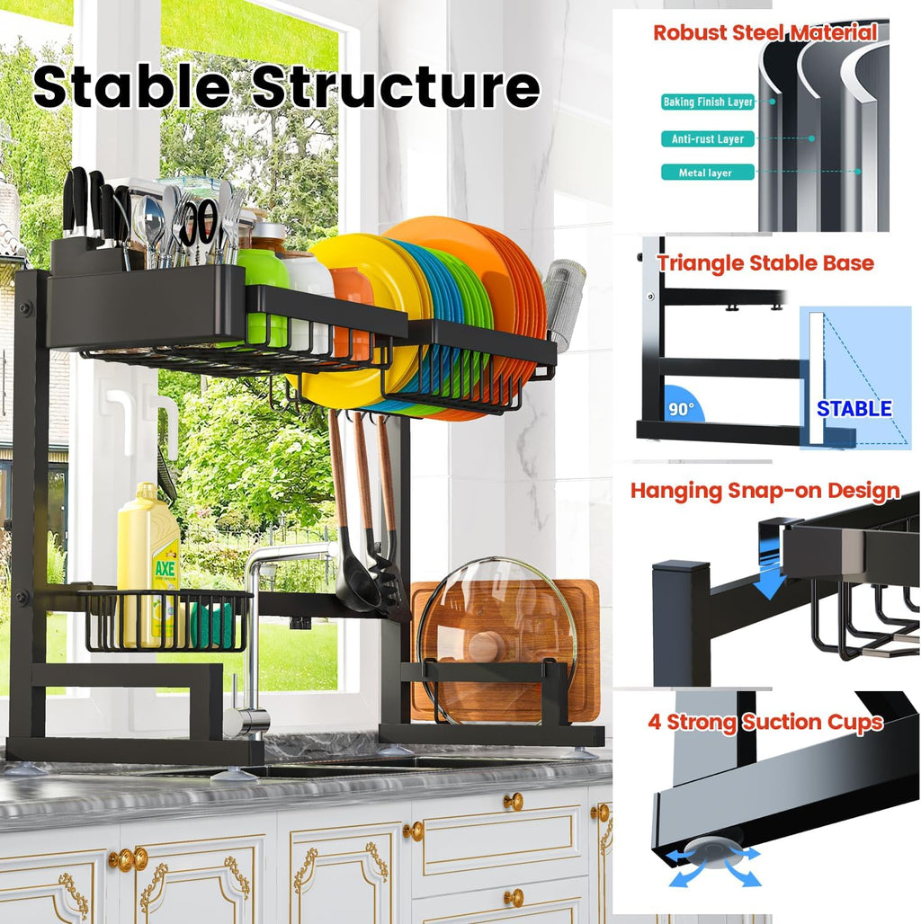 ADBIU Fit Sink 24.5"- 35.5" L Over Sink Dish Drying Rack (Expandable Dimension) Snap-On Design 2 Tier Large Kitchen Dish Rack Stainless Steel Counter Organization and Storage
