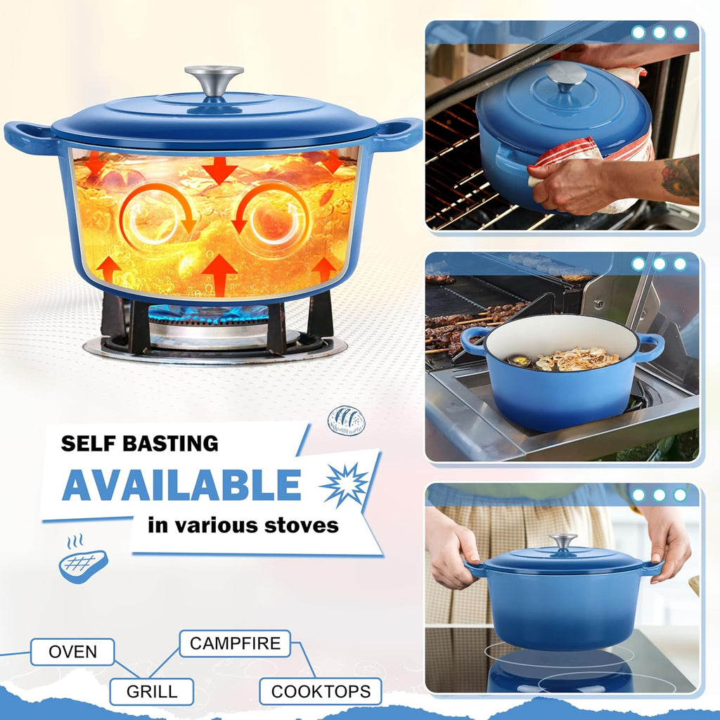 Small 3 Quart Dutch Oven, HaSteeL Round Cast Iron Cooking Pot with Lid, Nonstick Enameled Cookware for Sourdough Bread Baking Roasting Stewing Braising Frying, Heavy Duty & Oven Safe 500℉, Blue