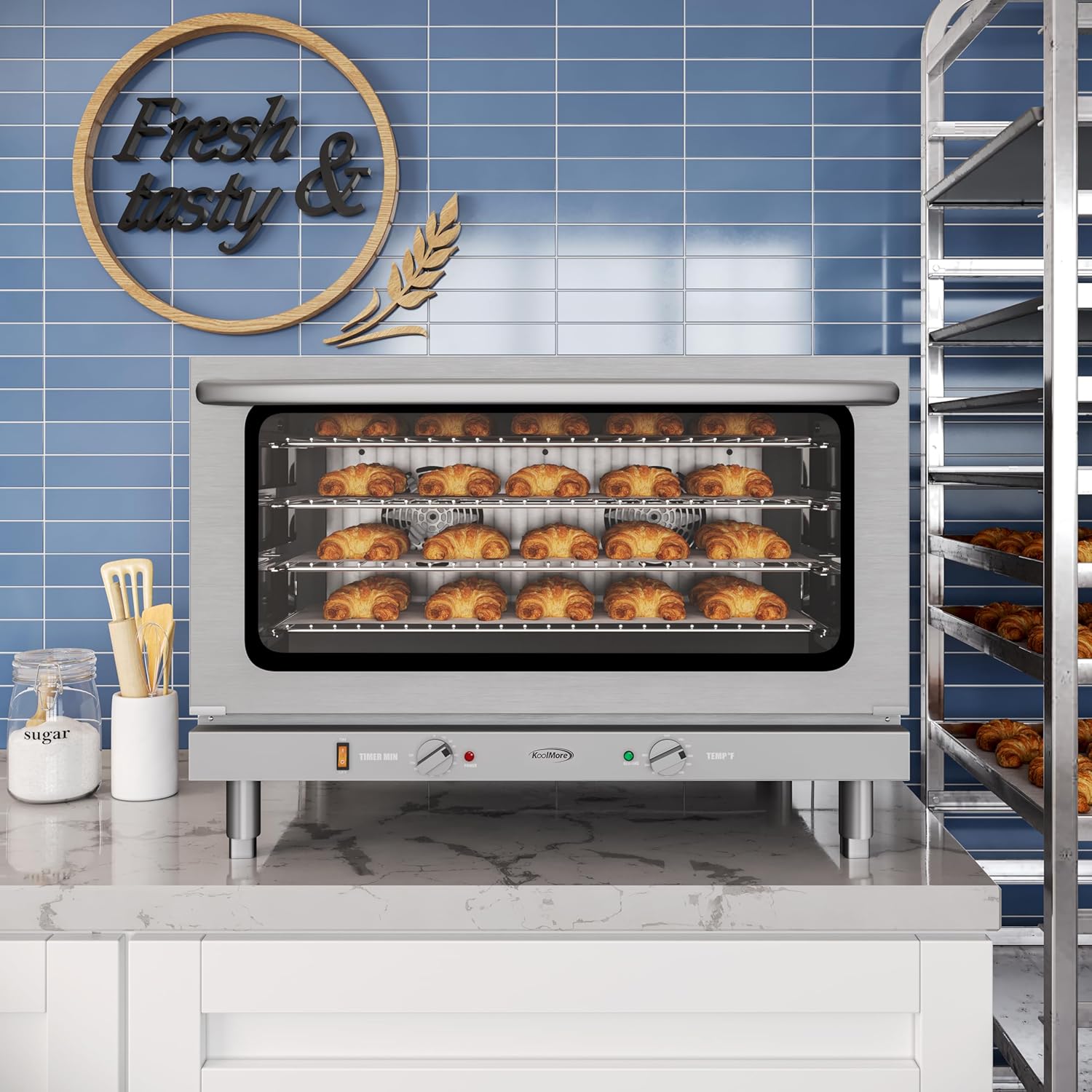 KoolMore 32 in. Commercial Countertop Convection Oven, Holds Full Size Pans, 4 Racks and 3500W of Power, 240V in Stainless-Steel, ETL Listed for Safety and Sanitation (KM-CTCO-44)