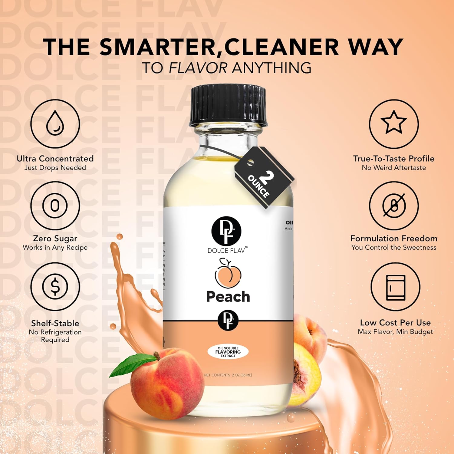 Dolce Flav Peach Extract – 2 Ounce Oil-Soluble Kosher, Sugar-Free, Concentrated Juicy Peach Flavoring for Baking, Chocolates & Desserts, Includes Measured Dropper