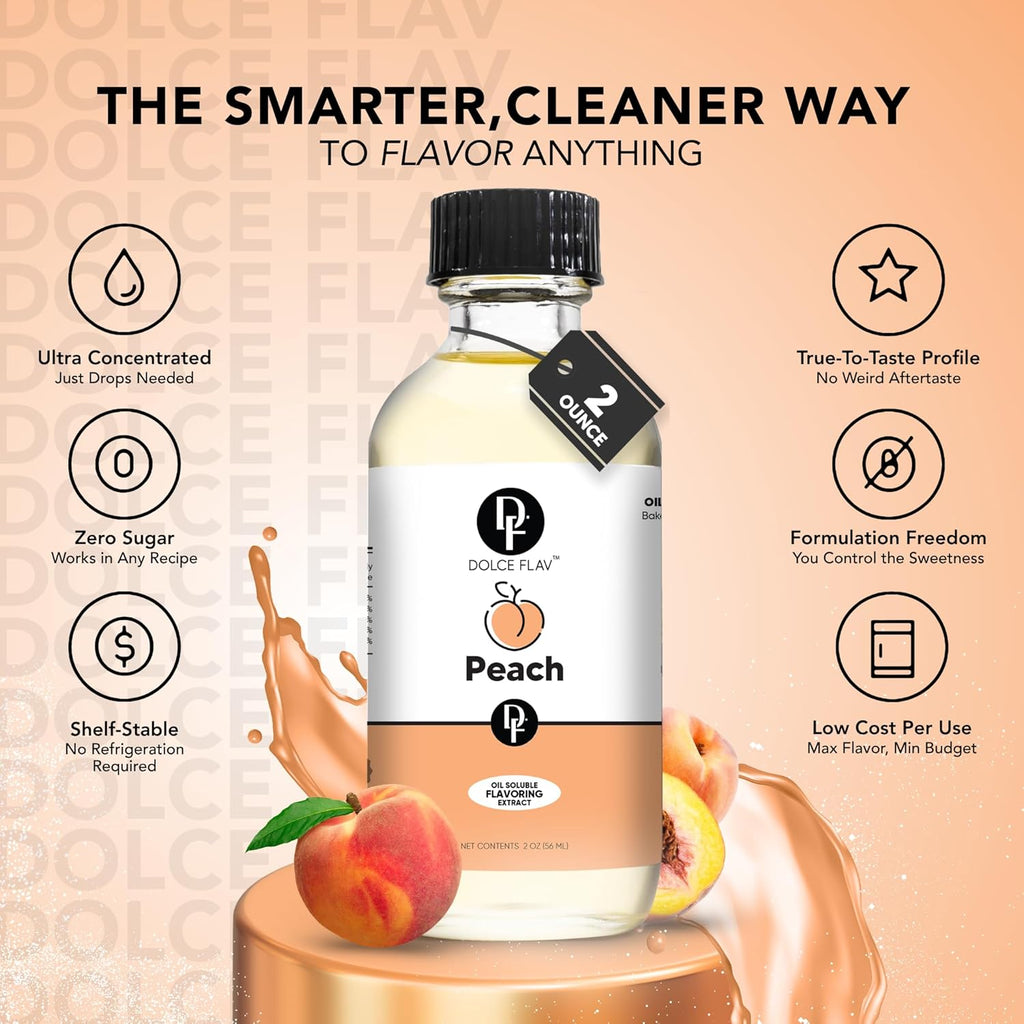 Dolce Flav Peach Extract (Oil-Soluble) 8 oz – Kosher, Sugar-Free, Concentrated Juicy Peach Flavoring for Baking, Chocolates & Desserts, Includes Measured Dropper