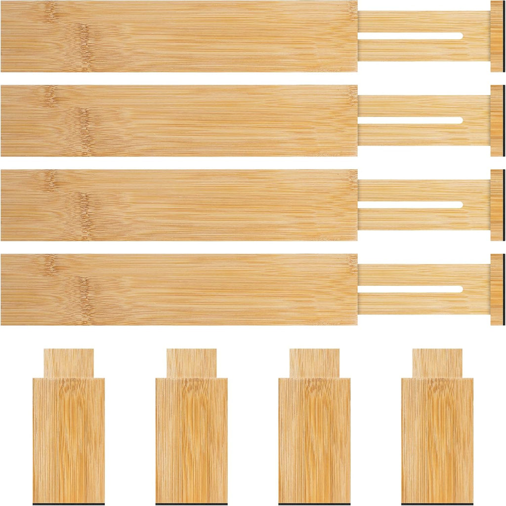 Bamboo Drawer Dividers Organizer with Inserts, Expandable from 12.5-21.7", Adjustable Drawer Organizer Separators for Utensils, Dresser, Bedroom, Bathroom, Closet, Clothing, Office (Beige)