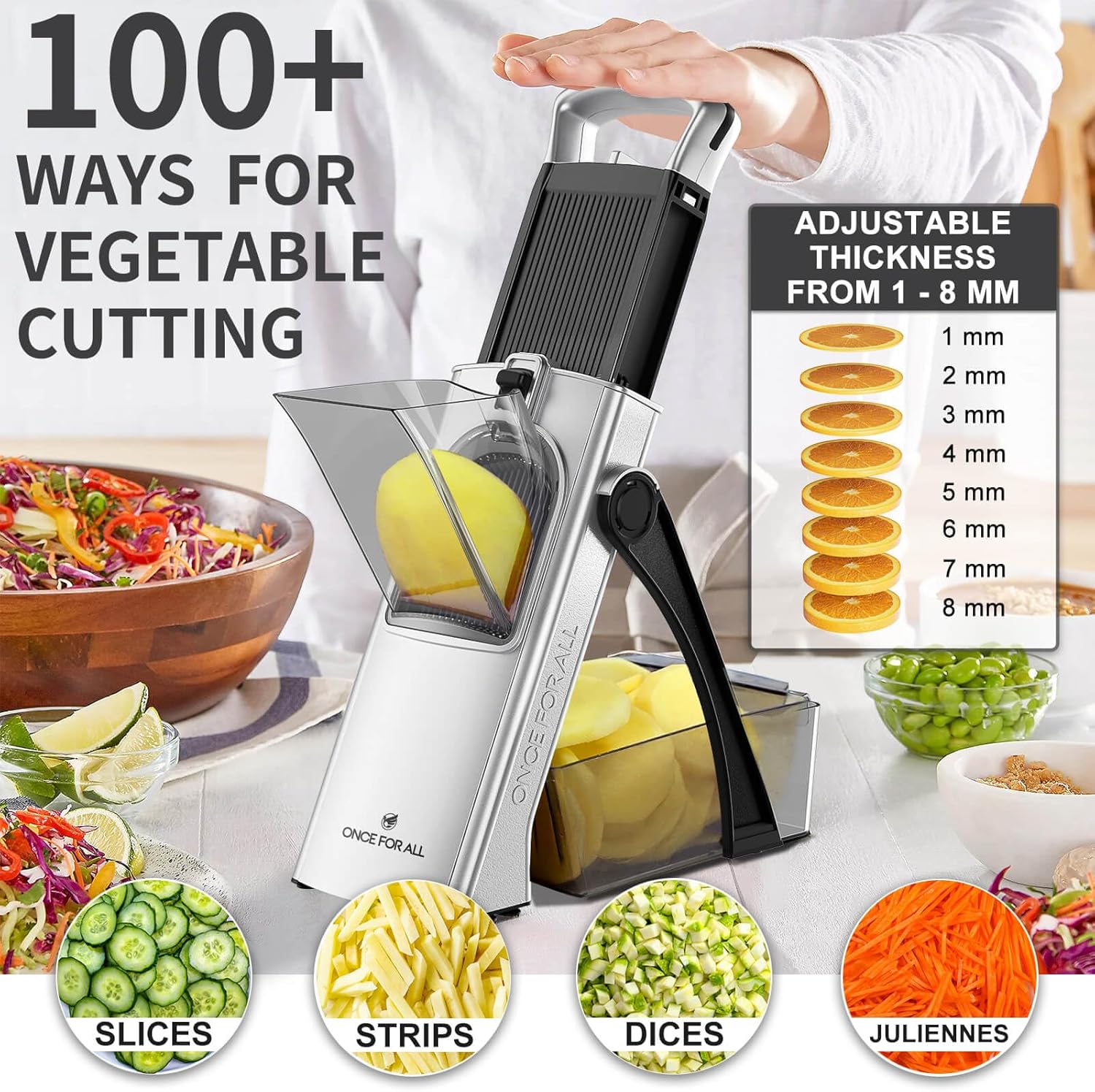 ONCE FOR ALL Upgrade Safe Mandoline Slicer Plus, Biger Size, Adjustable Vegetable Food Chopper Potato Fries Cutter, Detachable Blade, Kitchen Chopping Artifact, Gift (Black)