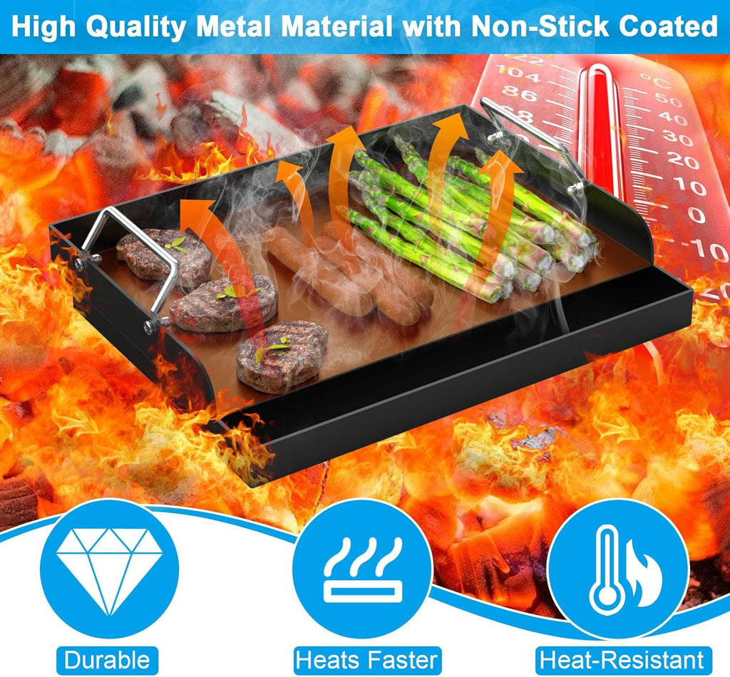 Nonstick Grill Griddle for Most Gas Grill 17" x 13" Universal Flat Top Cooking Plate Insert for Charcoal/Gas/Electric Oven with Grease Groove and Removable Handles