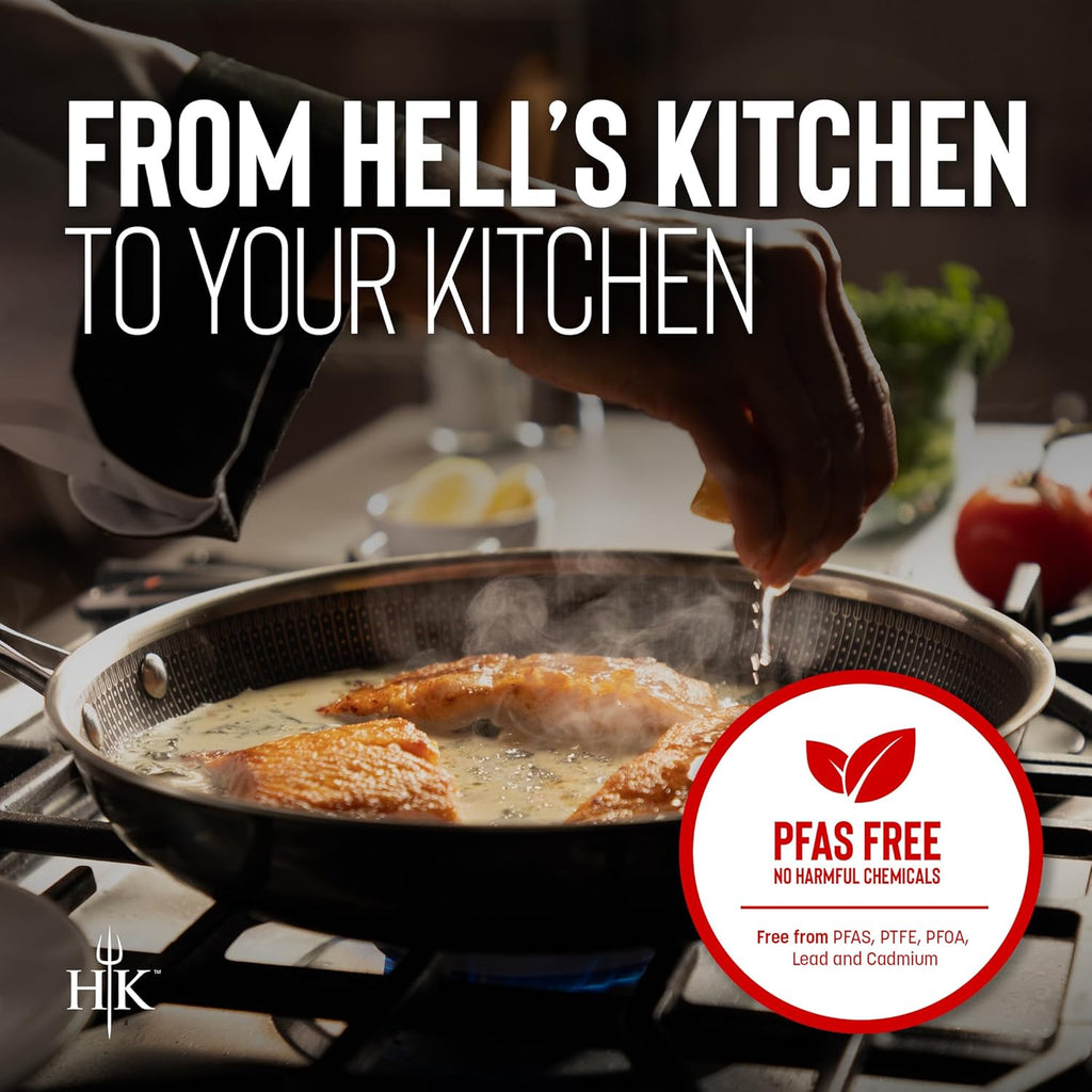 Hell's Kitchen Hybrid 3 Piece Set, 8-inch Frying Pan, 2.5 Qt Saucepan and Tempered Glass Lids, Tri-Clad Stainless Steel and PFAS-Free Ceramic Nonstick, Metal Utensil Safe, All Cooktops, Oven Safe
