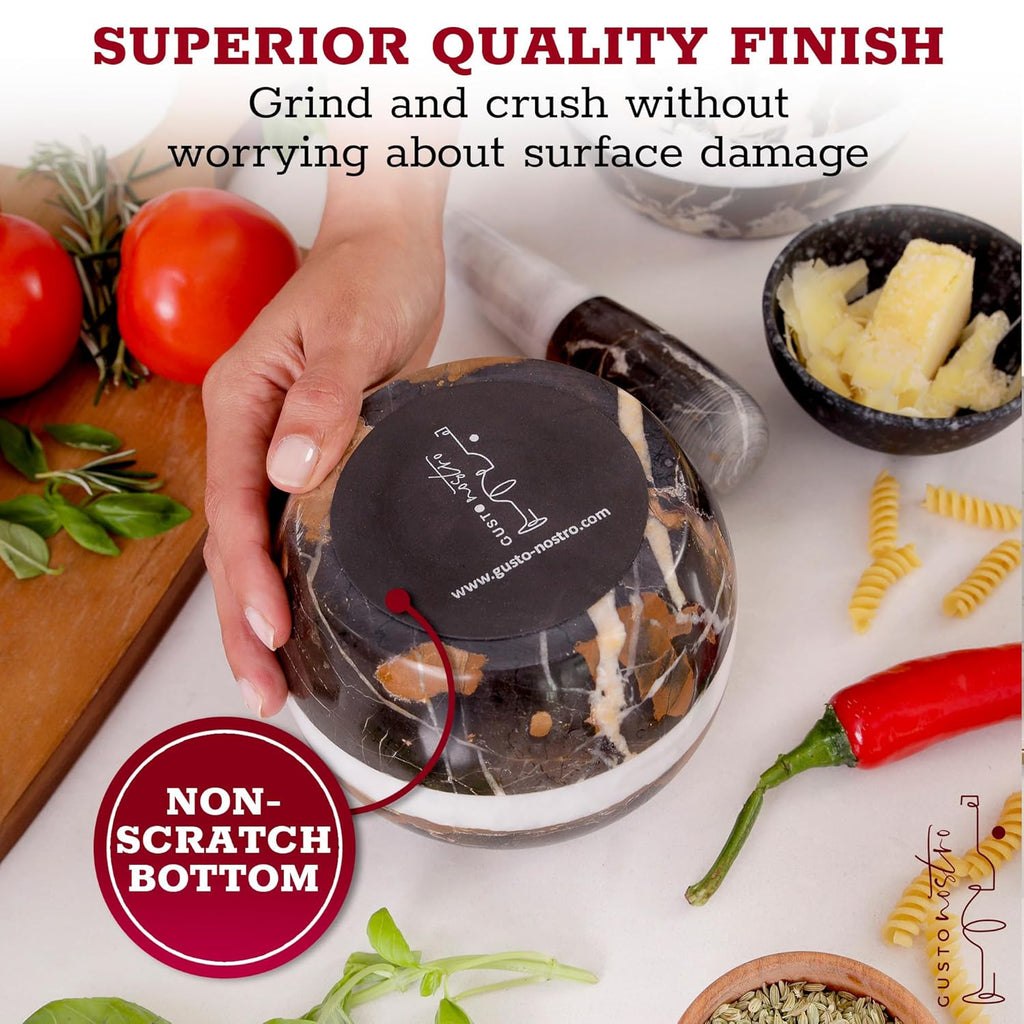 Gusto Nostro Natural Marble Mortar and Pestle Set | 6 Inch - 3.5 Cup Extra Large Mortar Pestle Set for Grinding Herbs, Nuts, Grains | Pesto Grinding and Guacamole Stone Bowl | Marble Spice Crusher