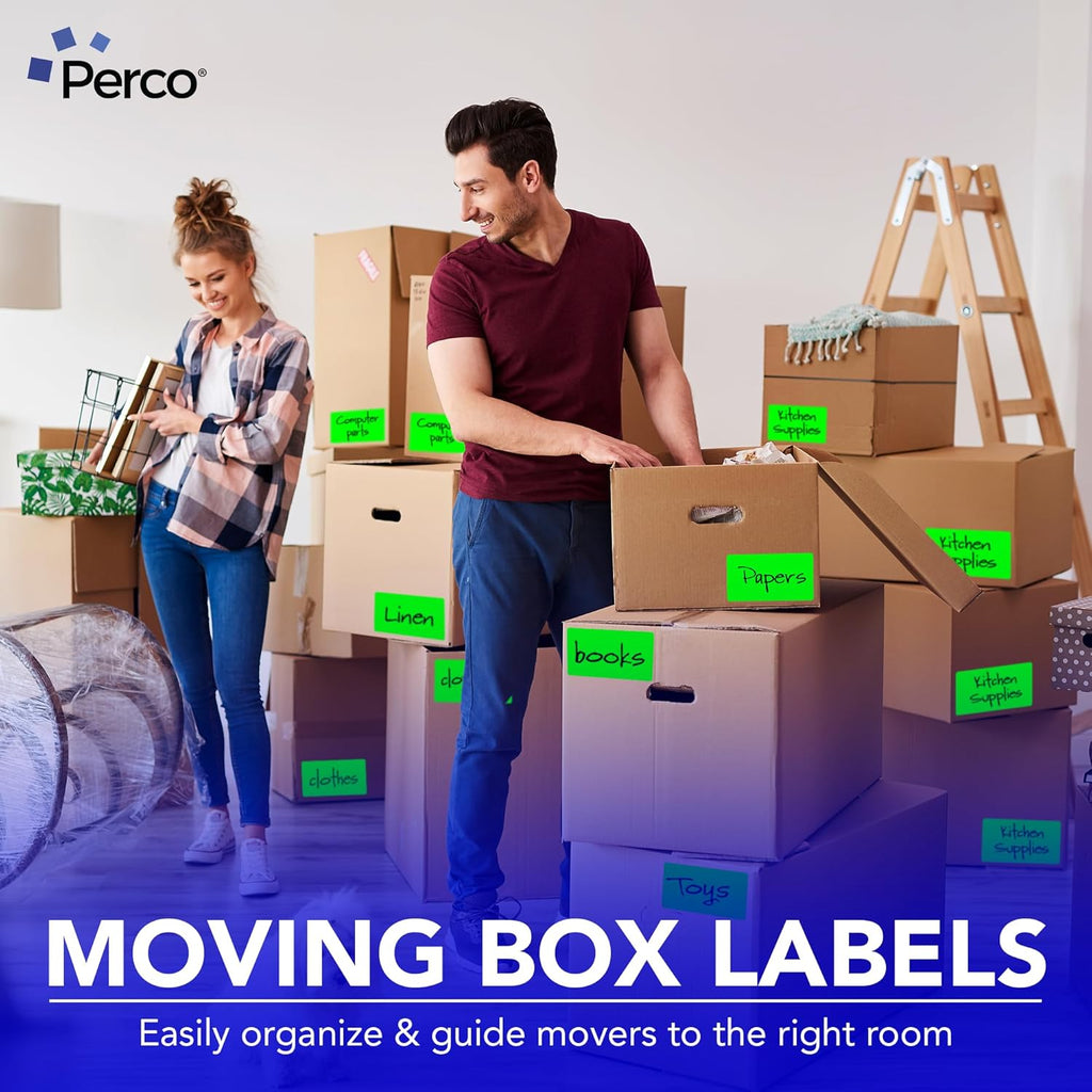Perco Fluorescent Green Labels 3x5 Inch 500 Stickers/Roll with Easy Peel Perforation and Strong Adhesion for Inventory Management, Color Coding, Moving Boxes, Retail, Organizing & Crafts – Made in USA