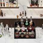 3 Tier Wood Liquor Bottle Display Shelf, Coffee Syrup Organizer Rack, Wine Racks Countertop, Bar Shelf for Vodka Tequila Whiskey, Liquor Cabinet for Home Decor, Mini Bar, Black Bar Organizer