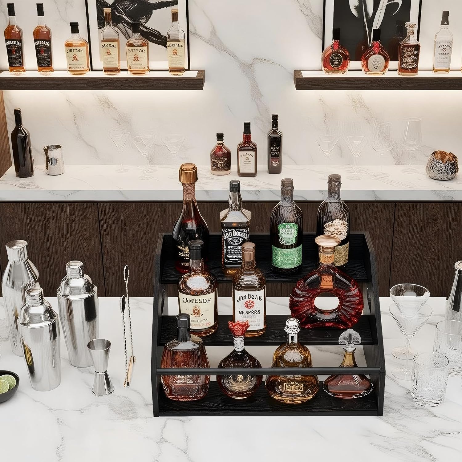 3 Tier Wood Liquor Bottle Display Shelf, Coffee Syrup Organizer Rack, Wine Racks Countertop, Bar Shelf for Vodka Tequila Whiskey, Liquor Cabinet for Home Decor, Mini Bar, Black Bar Organizer