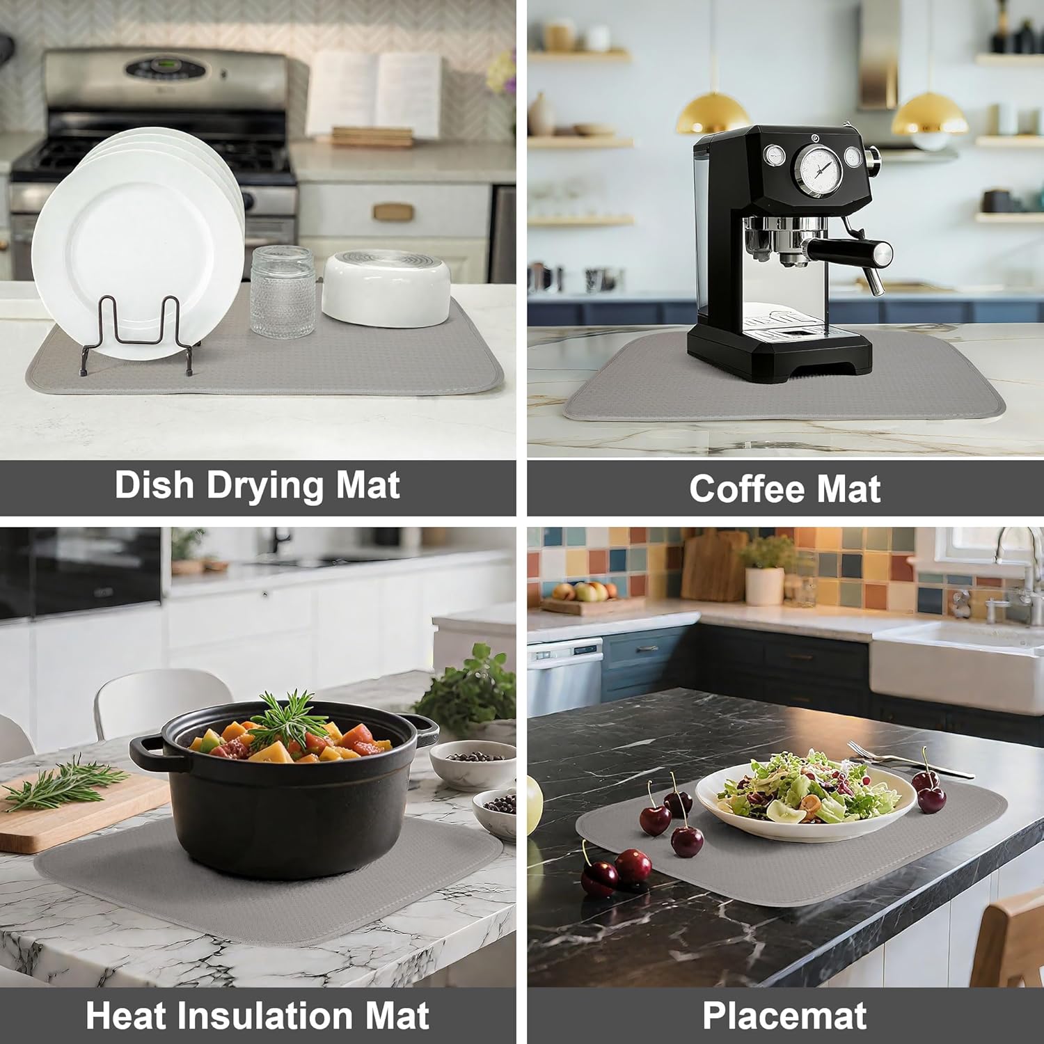 2-Pack Light Gray Dish Drying Mats 17” x 24” – XL Kitchen Drying Mat for Counter, Super Absorbent Microfiber Dish Drying Mat, Foldable Large Dish Drying Mat, Pots, Pans – Dish Drainer Mat