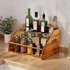 3 Tier Wood Liquor Bottle Display Shelf, Coffee Syrup Organizer Rack, Wine Racks Countertop, Bar Shelf for Vodka Tequila Whiskey, Liquor Cabinet for Home Decor, Mini Bar, Black Bar Organizer