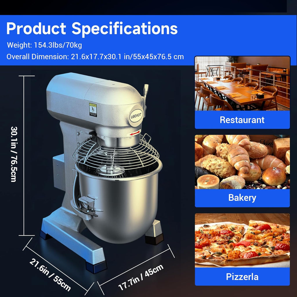 Commercial Food Mixer 30Qt,1250W Commercial mixer 3-Speed Adjustable with Timing Function,Industrial Dough Mixer with Stainless Steel Bowl for Bakery Pizzeria (Upgrade)