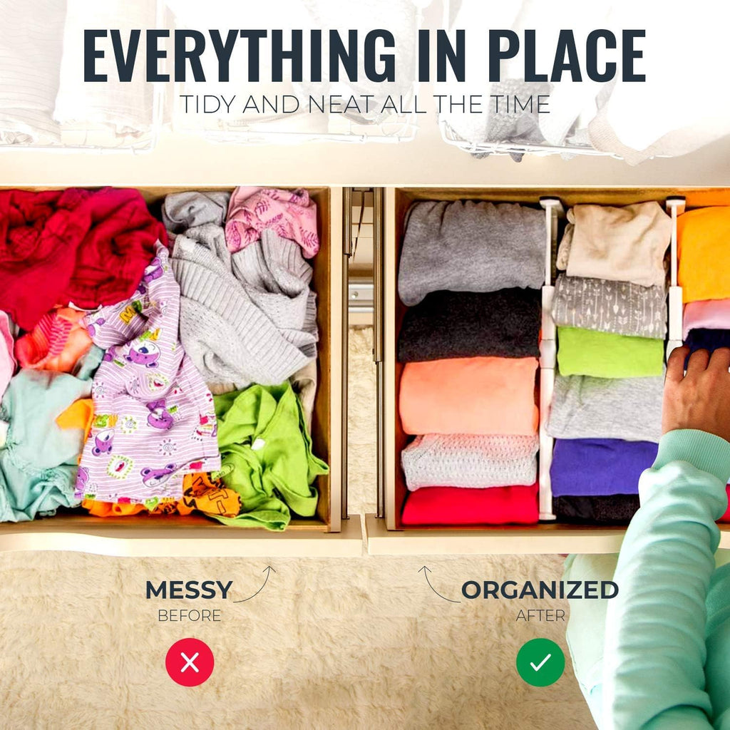 RAPTUROUS Adjustable Drawer Dividers, 2.5" Tall, Expandable 13-22", 8-Pack, Non-Slip for Dresser, Closet, Kitchen, Nursery, and Office (White)