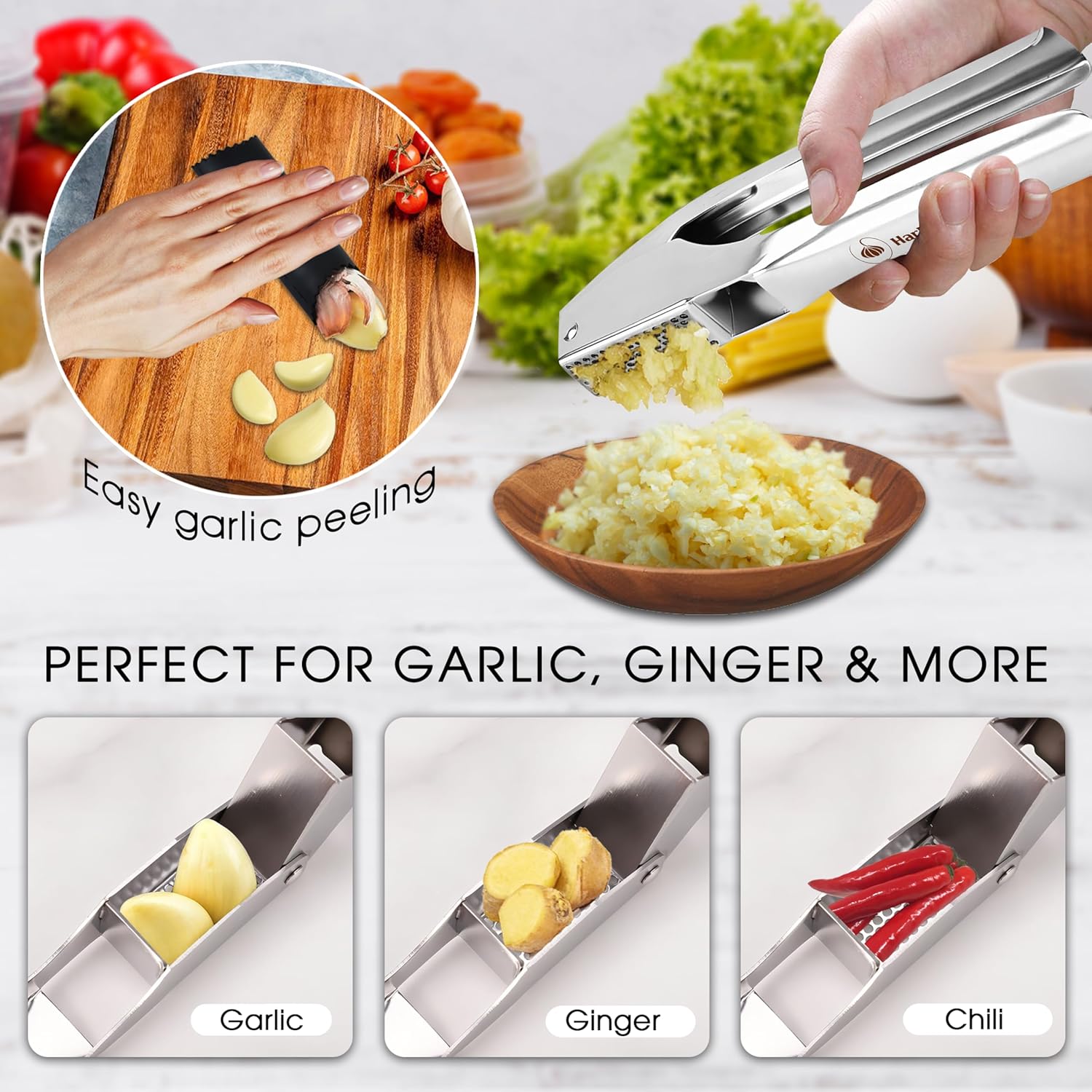 Garlic Press Stainless Steel - No Need to Peel Garlic Mincer & Crusher - 304 Inox, 7.34 Oz, Large Trough - Ergonomic Handle, Easy to Clean, Dishwasher Safe (2 Years Warranty)