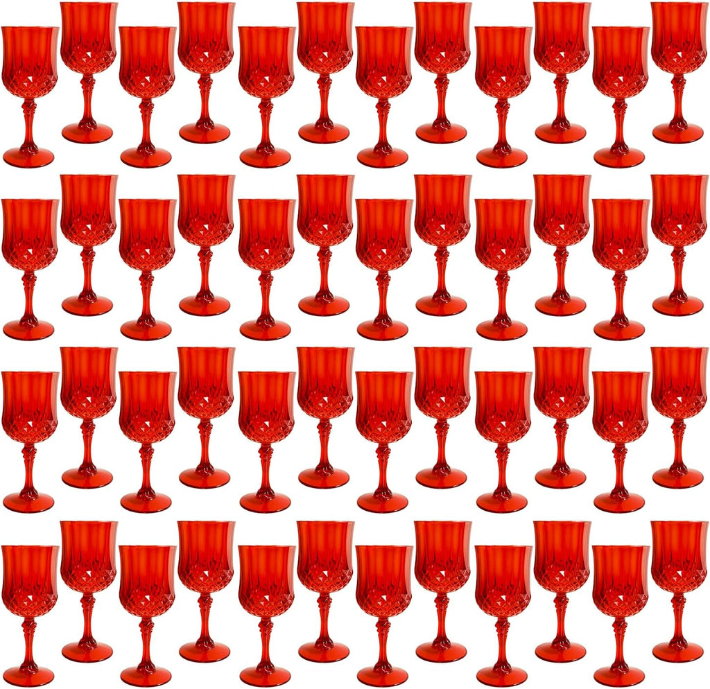 Plastic Wine Glasses，Plastic Goblets Vintage Style Cordial Drinking Glasses for Wedding Reception, Grand Event Party Supplies (48, Red)