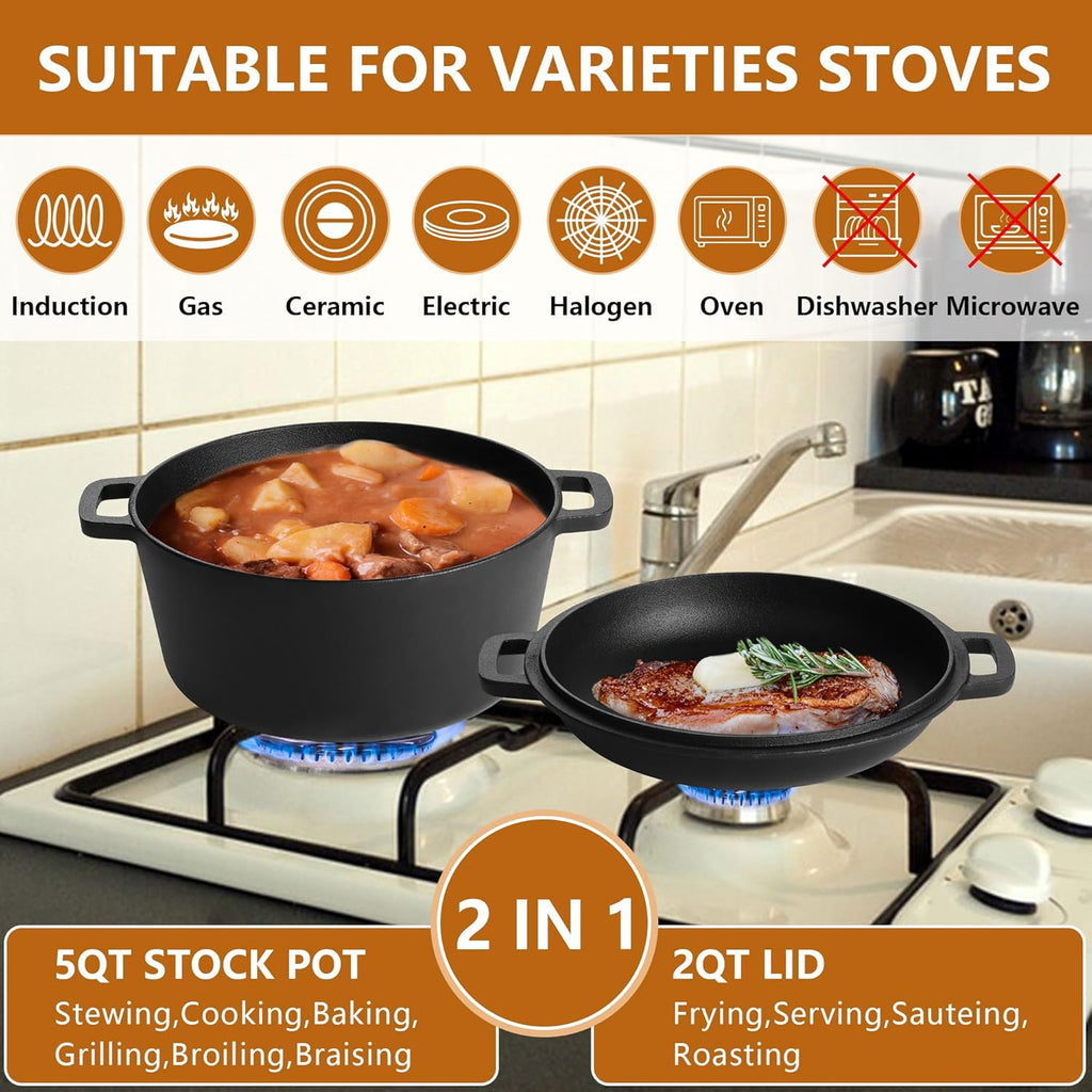 E-far Pre-Seasoned Cast Iron Dutch Oven, 5 Quart 2 in 1 Dutch Oven Pot with Skillet Lid and Silicone Bread Sling, Ideal for Bread Baking, Cooking, Stewing, Frying, Induction & Oven Safe - Black