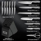 Kuisine Sharp Knife Set,One-piece Molding,Sharper Blade Ergonomic Non-slip Steel Handle,Block Knife Set Chef Knife Set with Built-in Sharpener(Black,15PCS)