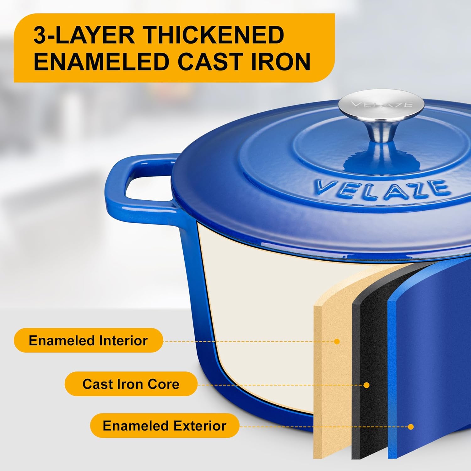 Velaze 6 QT Enameled Dutch Oven Pot with Lid, Cast Iron Dutch Oven with Dual Handles for Sourdough Bread Baking, Cooking, Non-stick Enamel Coated Cookware (Blue)