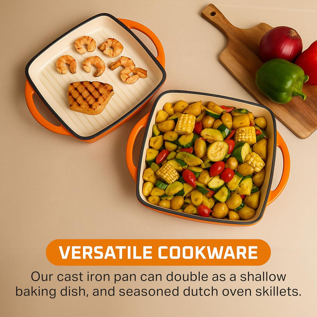 Bruntmor 2-in-1 Square Pumpkin Spice Cast Iron Dutch Oven With Handles, Enamel All-in-One Cookware Set, Braising Pan For Casserole Dish, Crock Pot Covered Cast Iron Skillet