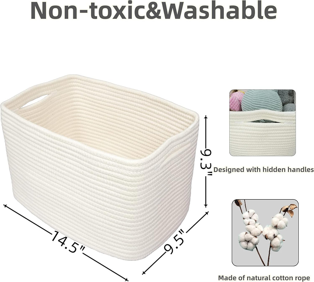 Cotton Rope storage Basket Bins Woven Basket for Organizing Shelves Rectangle Decorative Baskets For storage Clothes Toys Books Towels Square Wicker Nursery basket organizer 3 pack white