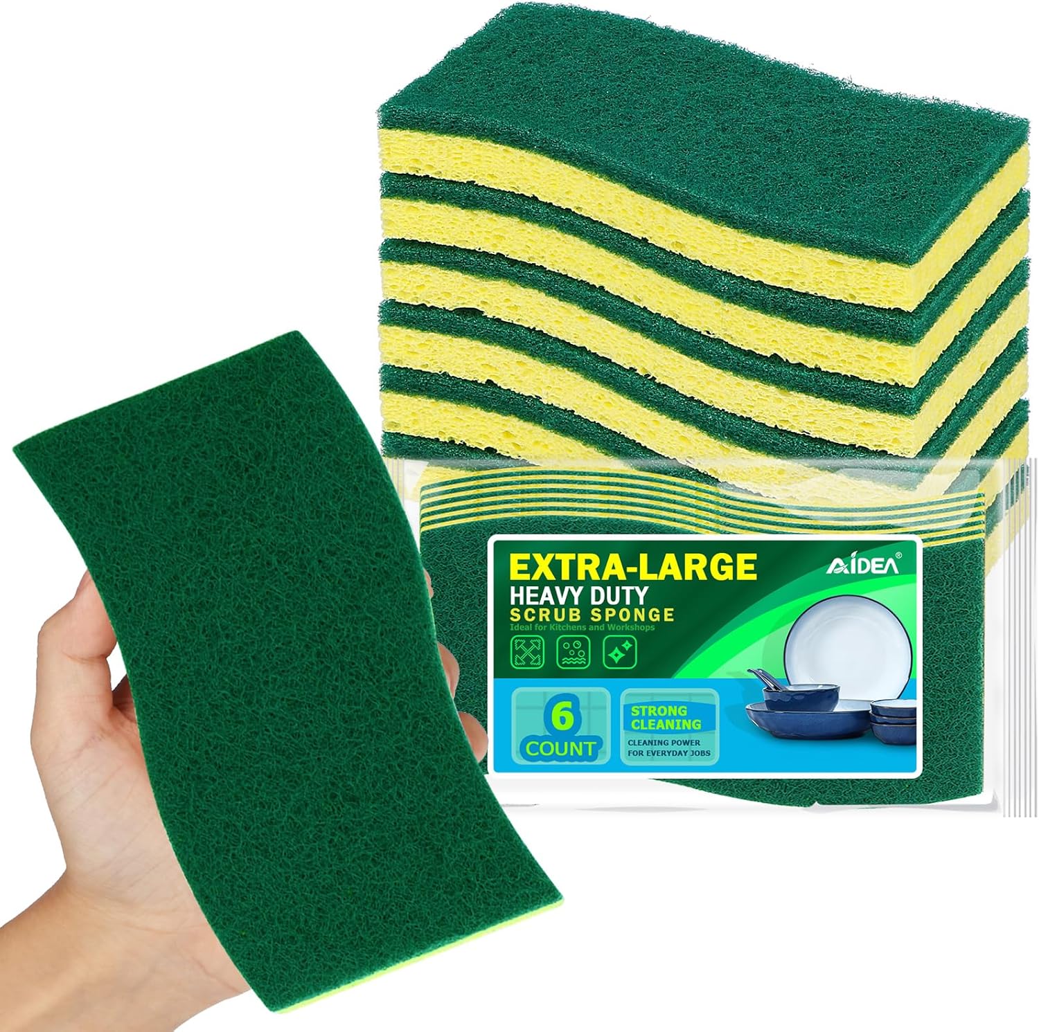 AIDEA XL Scrub Sponges 6Count, Heavy Duty Sponges for Dishes, Extra Large Sponge for Cleaning Kitchen and Household, Heavy Duty Sponge Safe for Non-Coated Cookware, Cleaning Power for Bathroom, House
