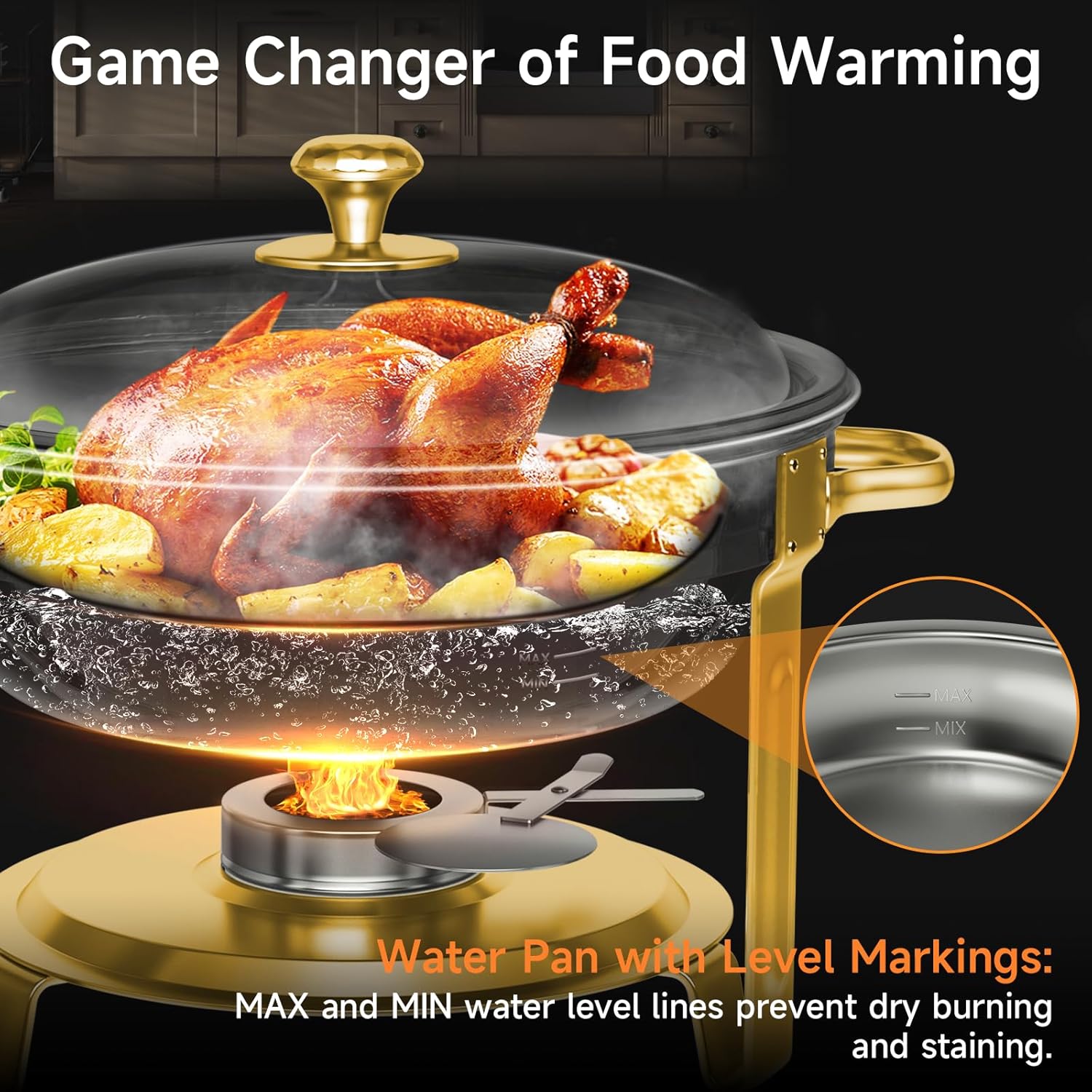 Chafing Dishes for Buffet, 4 Pack 5QT Round Stainless Steel Chafing Dish Set for Home Parties, Christmas Gatherings, Catering Events Complete Buffet Warmer Set (Golden 2)