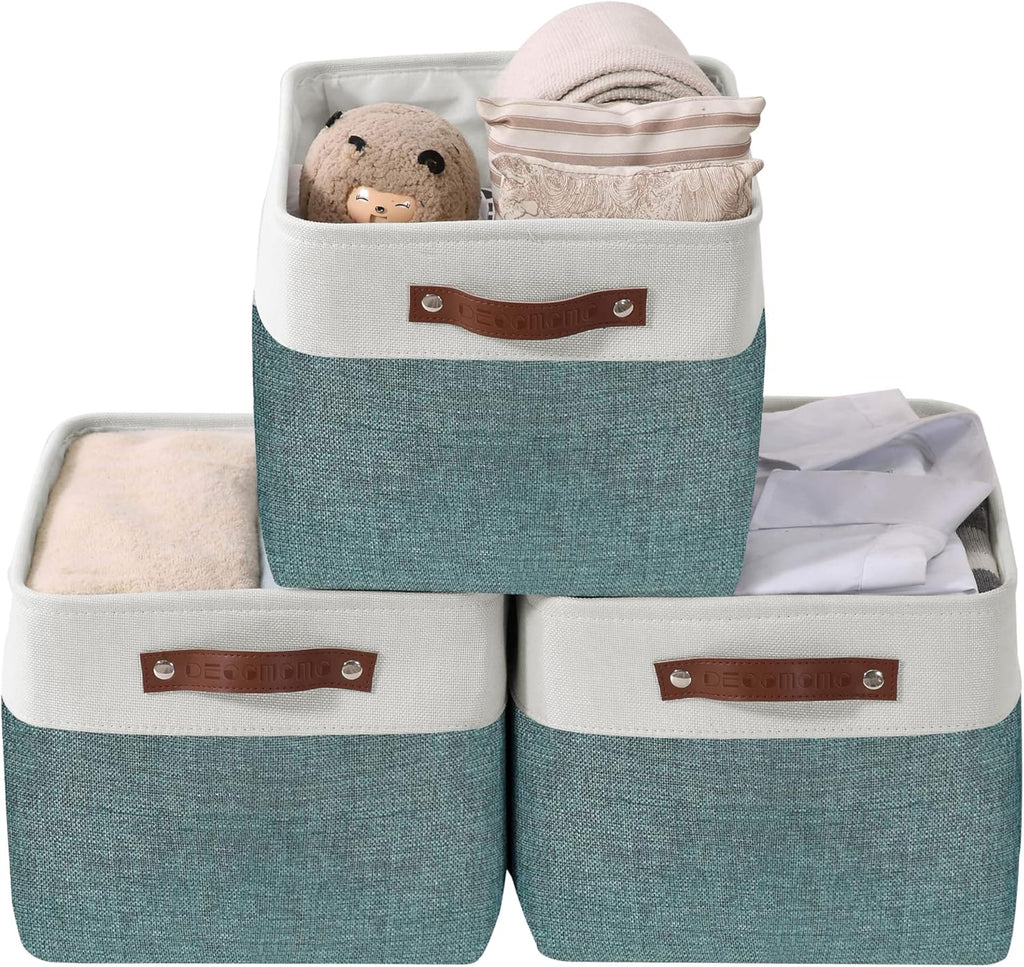 DECOMOMO Storage Baskets for Shelves - Fabric Storage Bins, Linen Closet Organizers and Storage (Green & White, Large - 3 Pack)