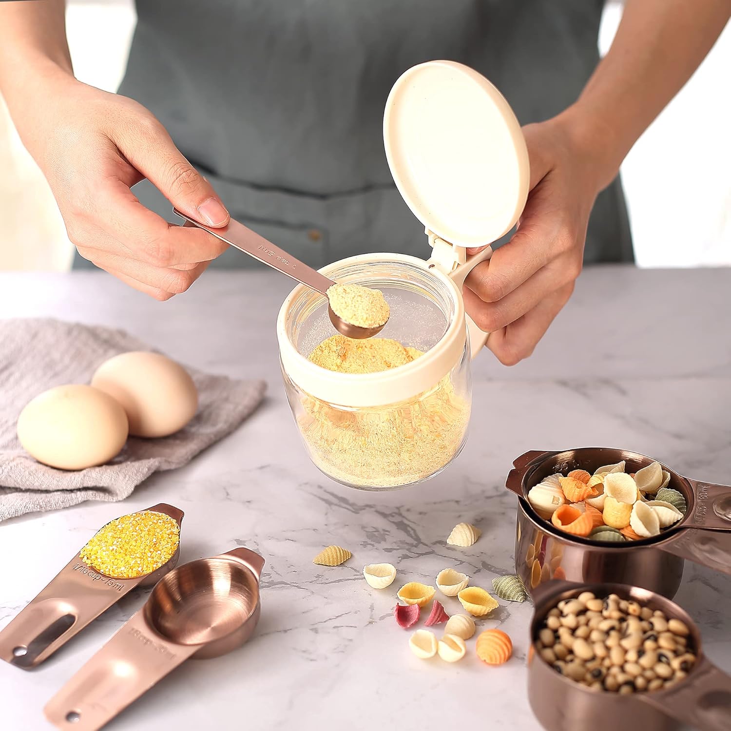 Copper Measuring Cups and Spoons Set (19PCS Set - Antique Copper Plated), 8 Measuring Cups, 9 Measuring Spoons, 1 Leveler and 1 Magnetic Measurement Chart, Stackable for Easy Storage with Gift Box
