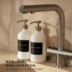 16oz Glass Soap Dispenser with Stainless Steel Pump, 21 Waterproof Labels, Non-Slip Protective Silicone Pad, Set of 2 for Bathroom & Kitchen (Matte White Bottle/Brushed Silver Pump)