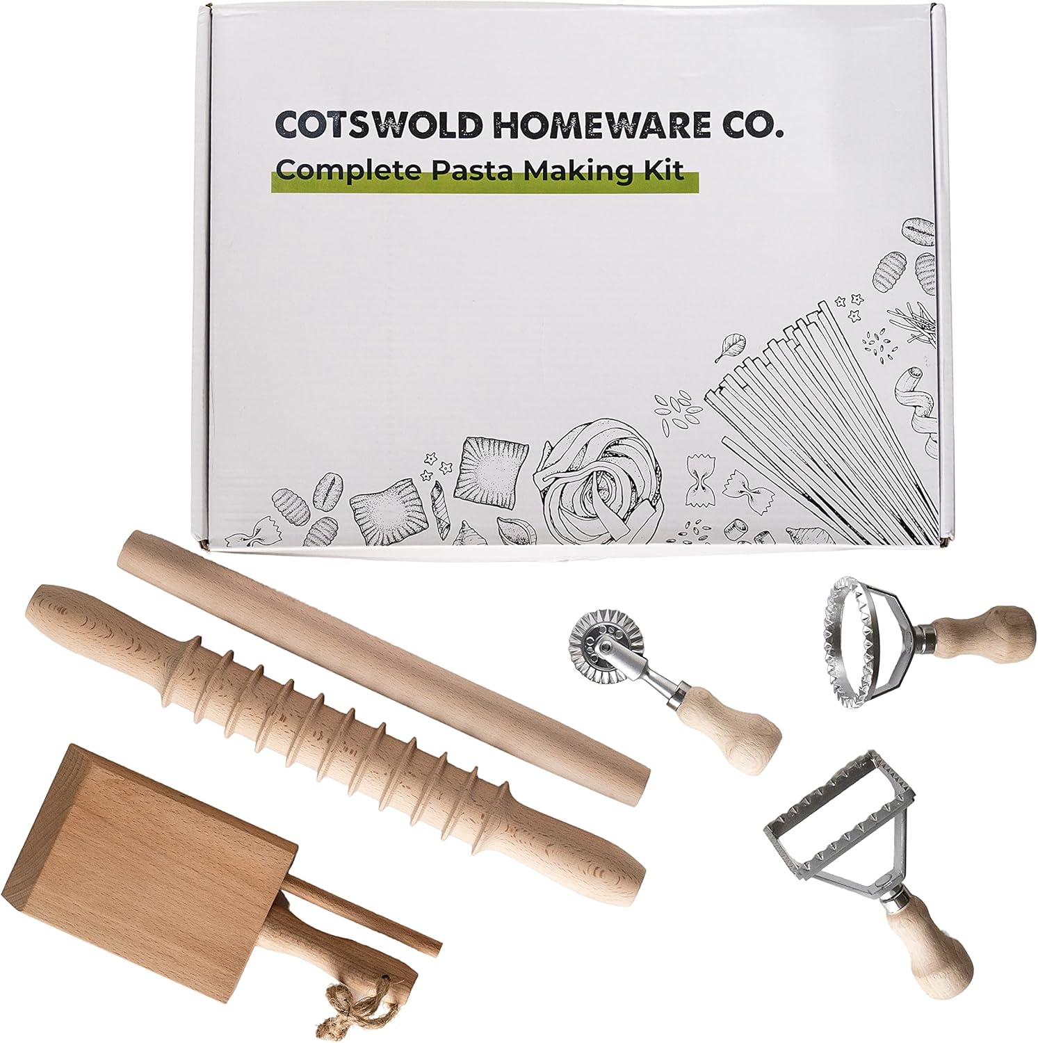 Complete 6 Pcs Pasta Making Tool Set Includes Two Ravioli Stamp Maker Cutter And Roller Wheel Set, Two Pasta Rolling Pins, Gnocchi Board By Cotswold Homeware Co